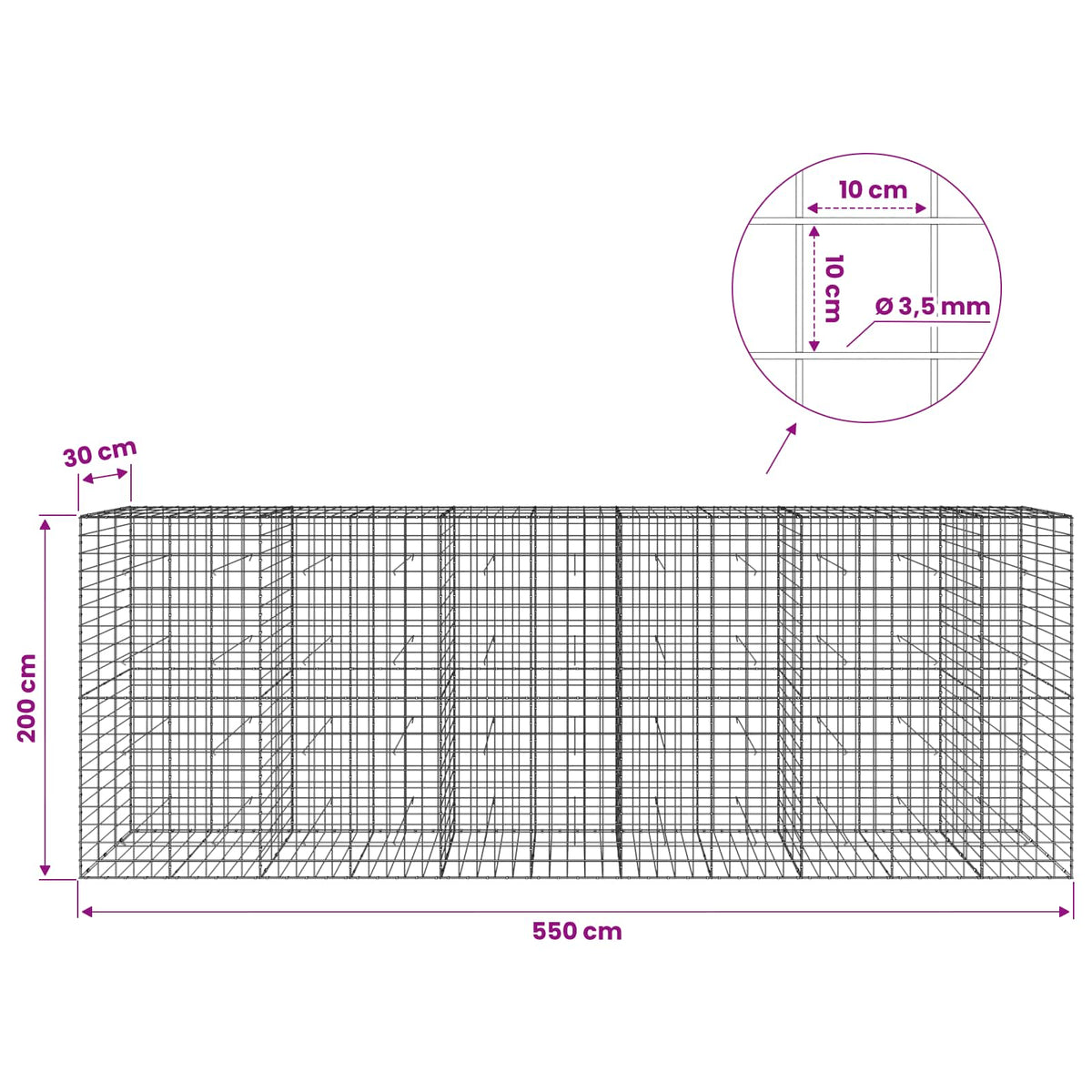 Γκαμπιόν με σύρμα 3,5 mm και πλέγμα 10x10 cm 550x30x200 εκ - Pakobazaar