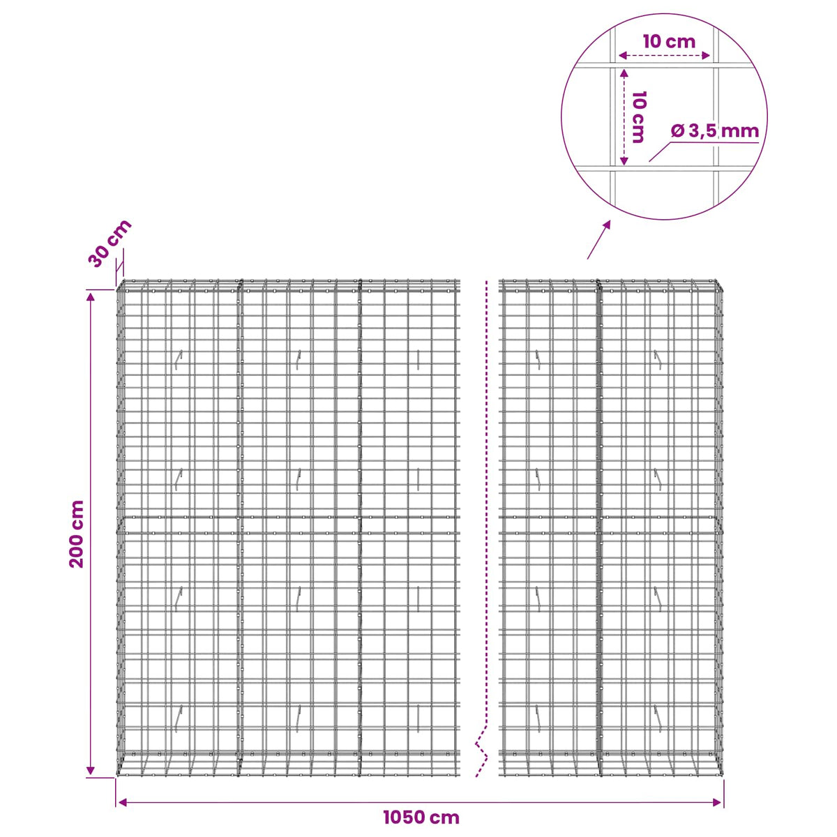 Γκαμπιόν με σύρμα 3,5 mm και πλέγμα 10x10 cm 1050x30x200 εκ - Pakobazaar