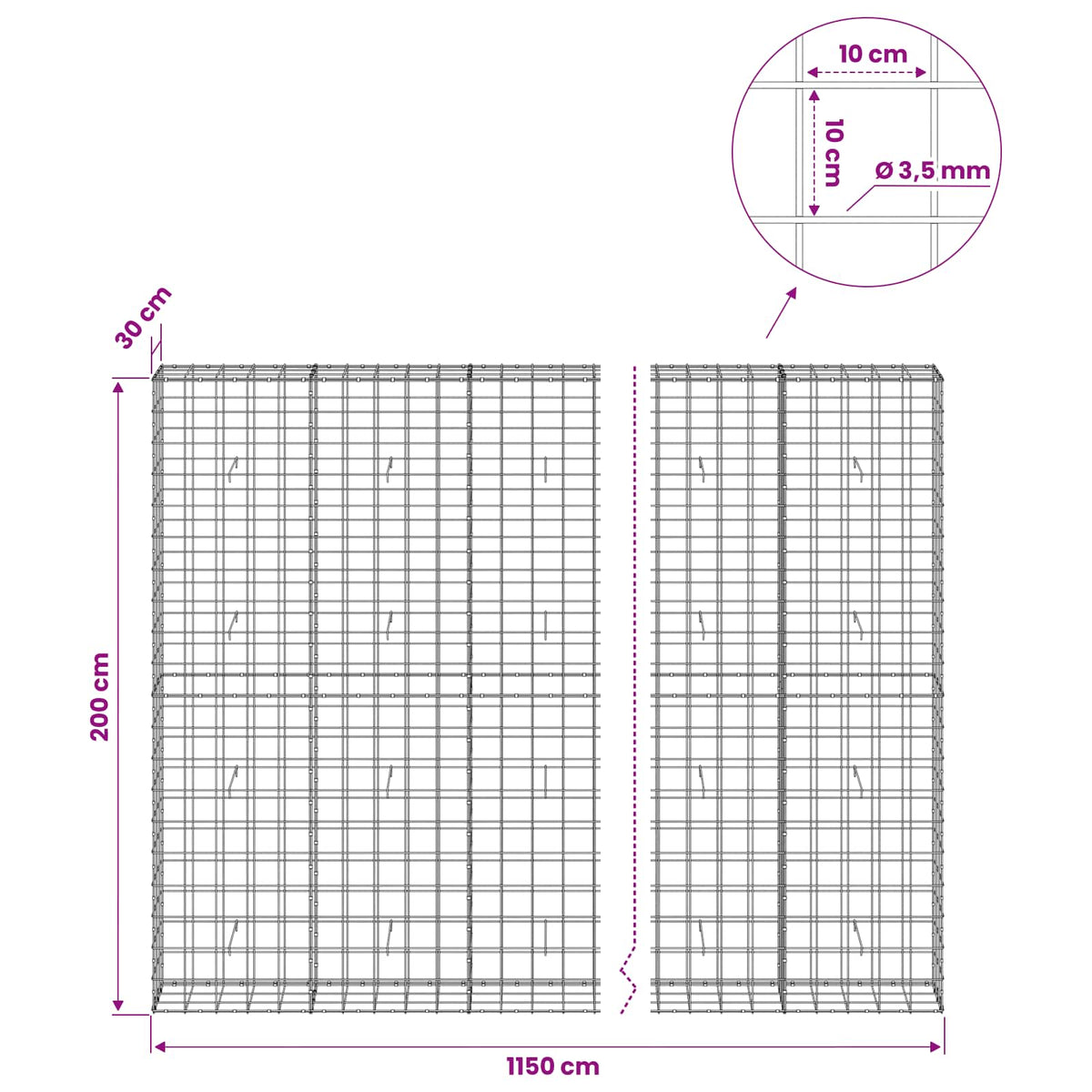 Γκαμπιόν με σύρμα 3,5 mm και πλέγμα 10x10 cm 1150x30x200 εκ