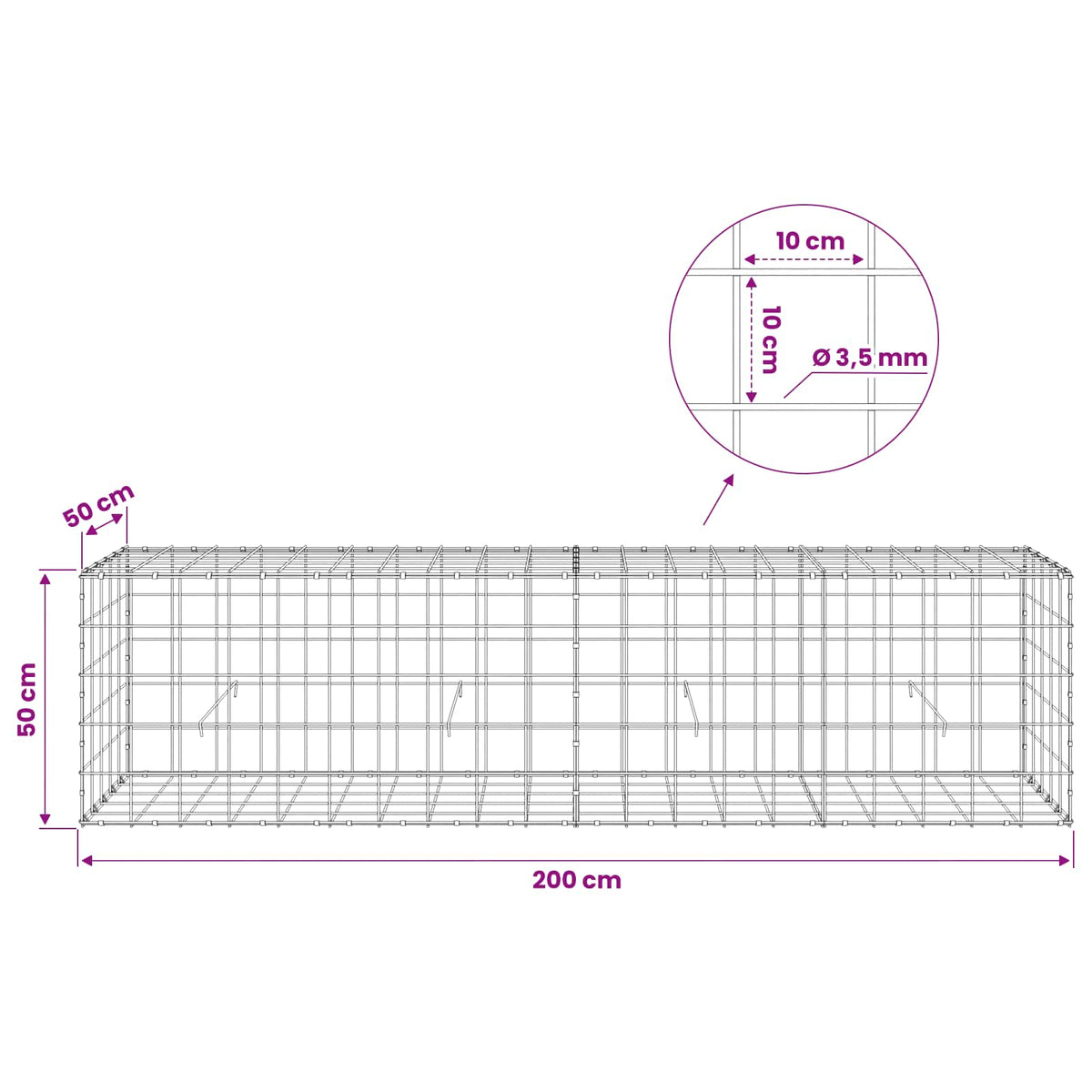 Γκαμπιόν με σύρμα 3,5 mm και πλέγμα 10x10 cm 200x50x50 εκ
