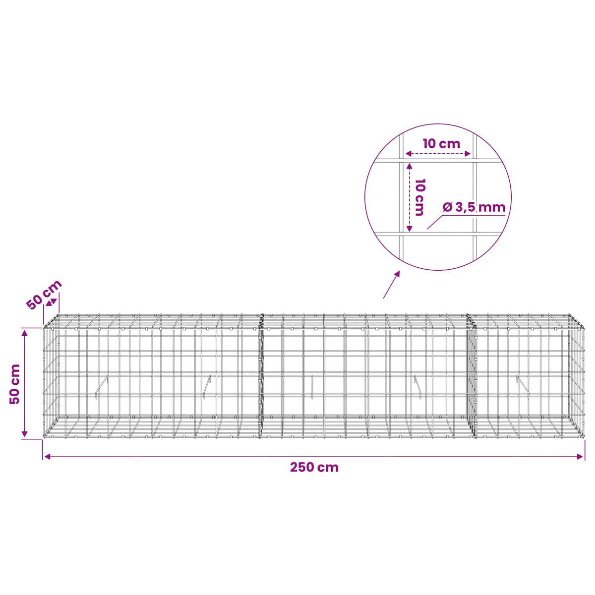 Γκαμπιόν με σύρμα 3,5 mm και πλέγμα 10x10 cm 250x50x50 εκ - Pakobazaar