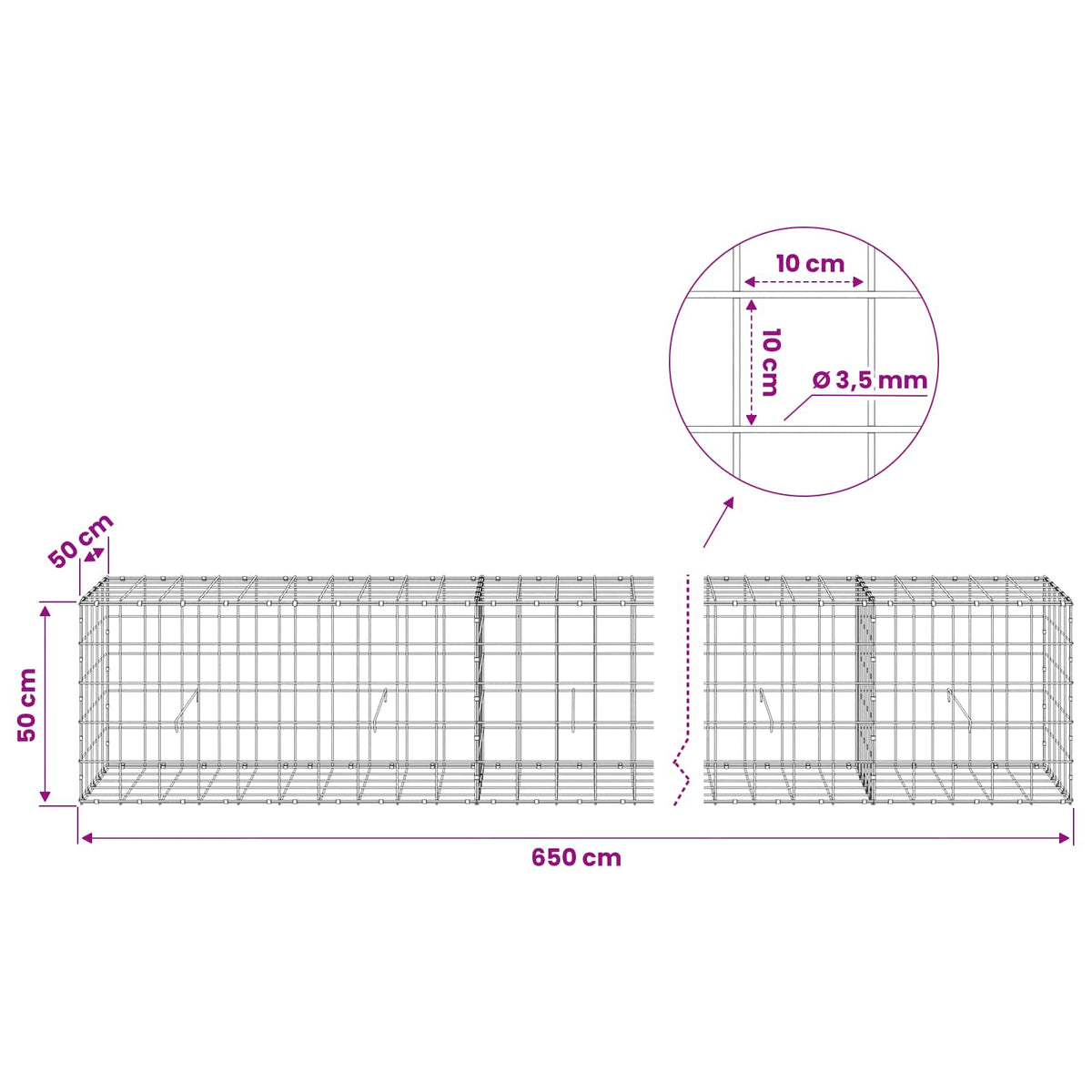 Γκαμπιόν με σύρμα 3,5 mm και πλέγμα 10x10 cm 650x50x50 εκ. - Pakobazaar