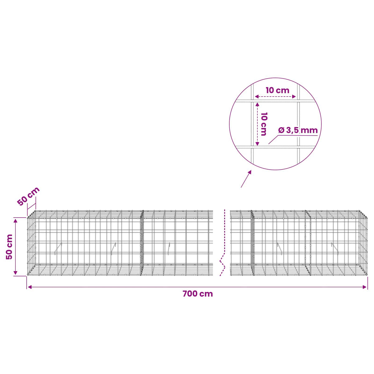 Γκαμπιόν με σύρμα 3,5 mm και πλέγμα 10x10 cm 700x50x50 εκ - Pakobazaar