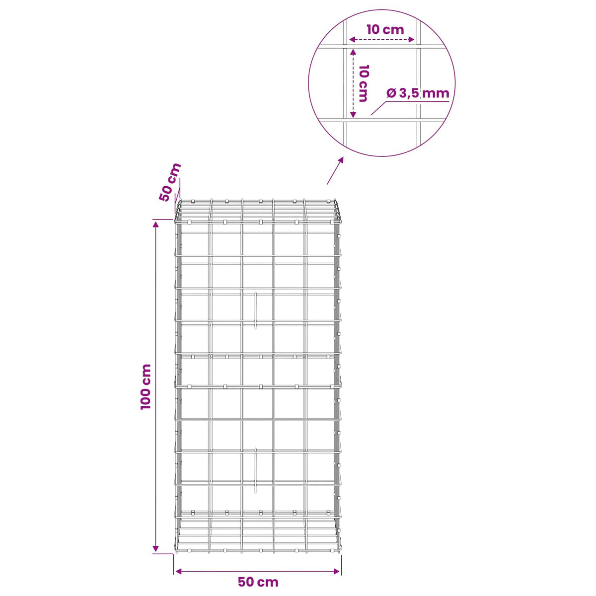 Γκαμπιόν με σύρμα 3,5 mm και πλέγμα 10x10 cm 50x50x100 εκ - Pakobazaar