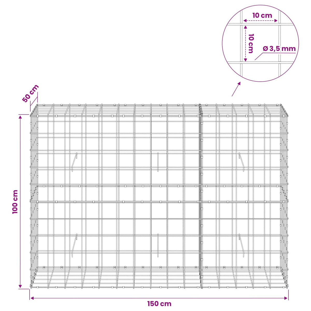 Γκαμπιόν με σύρμα 3,5 mm και πλέγμα 10x10 cm 150x50x100 εκ.