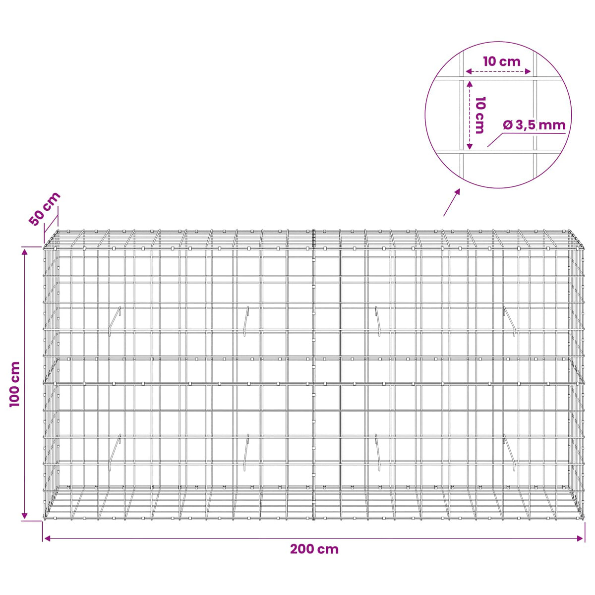 Γκαμπιόν με σύρμα 3,5 mm και πλέγμα 10x10 cm 200x50x100 εκ - Pakobazaar