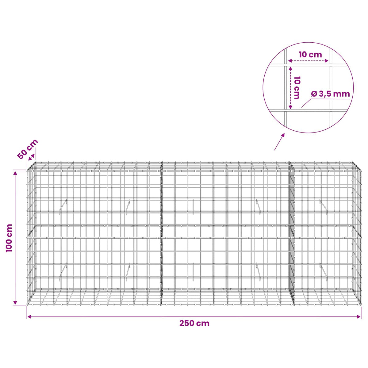 Γκαμπιόν με σύρμα 3,5 mm και πλέγμα 10x10 cm 250x50x100 εκ