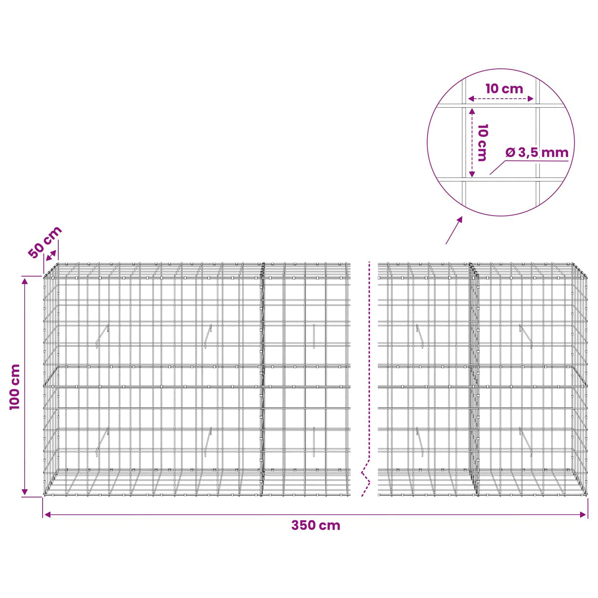 Γκαμπιόν με σύρμα 3,5 mm και πλέγμα 10x10 cm 350x50x100 εκ.