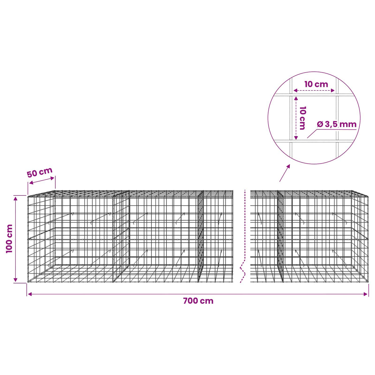 Γκαμπιόν με σύρμα 3,5 mm και πλέγμα 10x10 cm 700x50x100 εκ - Pakobazaar