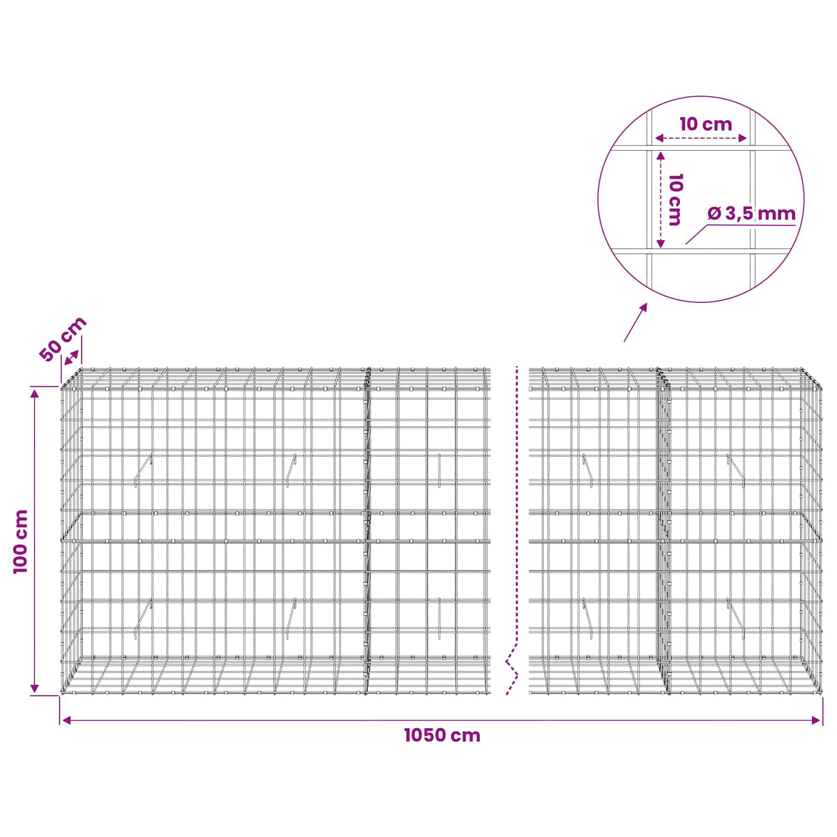 Γκαμπιόν με σύρμα 3,5 mm και πλέγμα 10x10 cm 1050x50x100 εκ