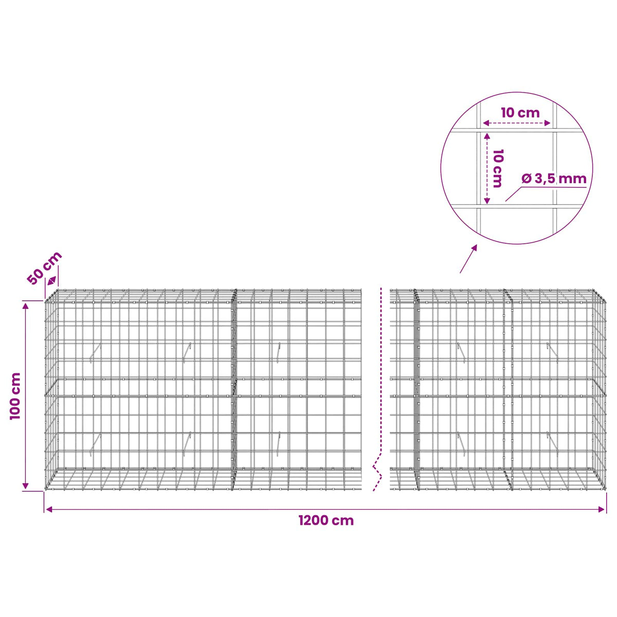 Γκαμπιόν με σύρμα 3,5 mm και πλέγμα 10x10 cm 1200x50x100 εκ - Pakobazaar