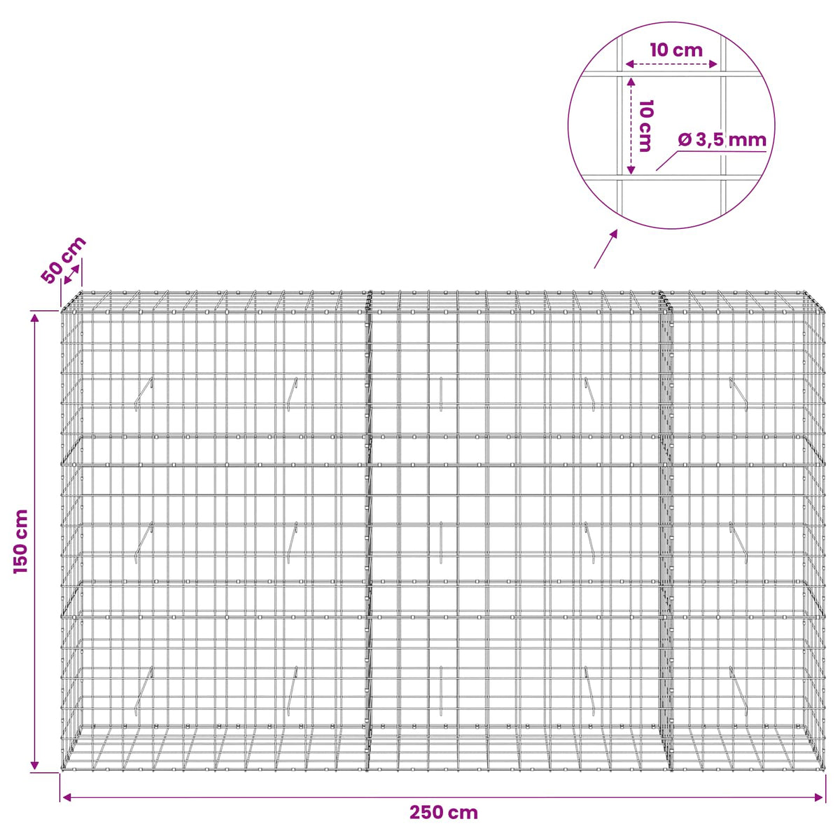 Γκαμπιόν με σύρμα 3,5 mm και πλέγμα 10x10 cm 250x50x150 εκ