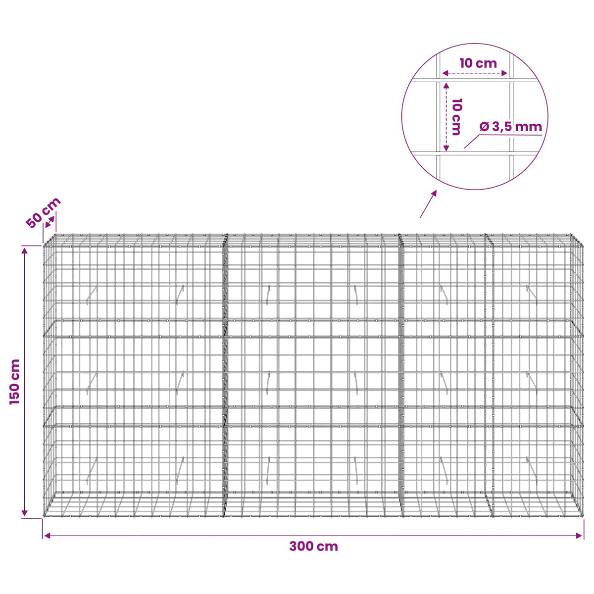 Γκαμπιόν με σύρμα 3,5 mm και πλέγμα 10x10 cm 300x50x150 εκ. - Pakobazaar