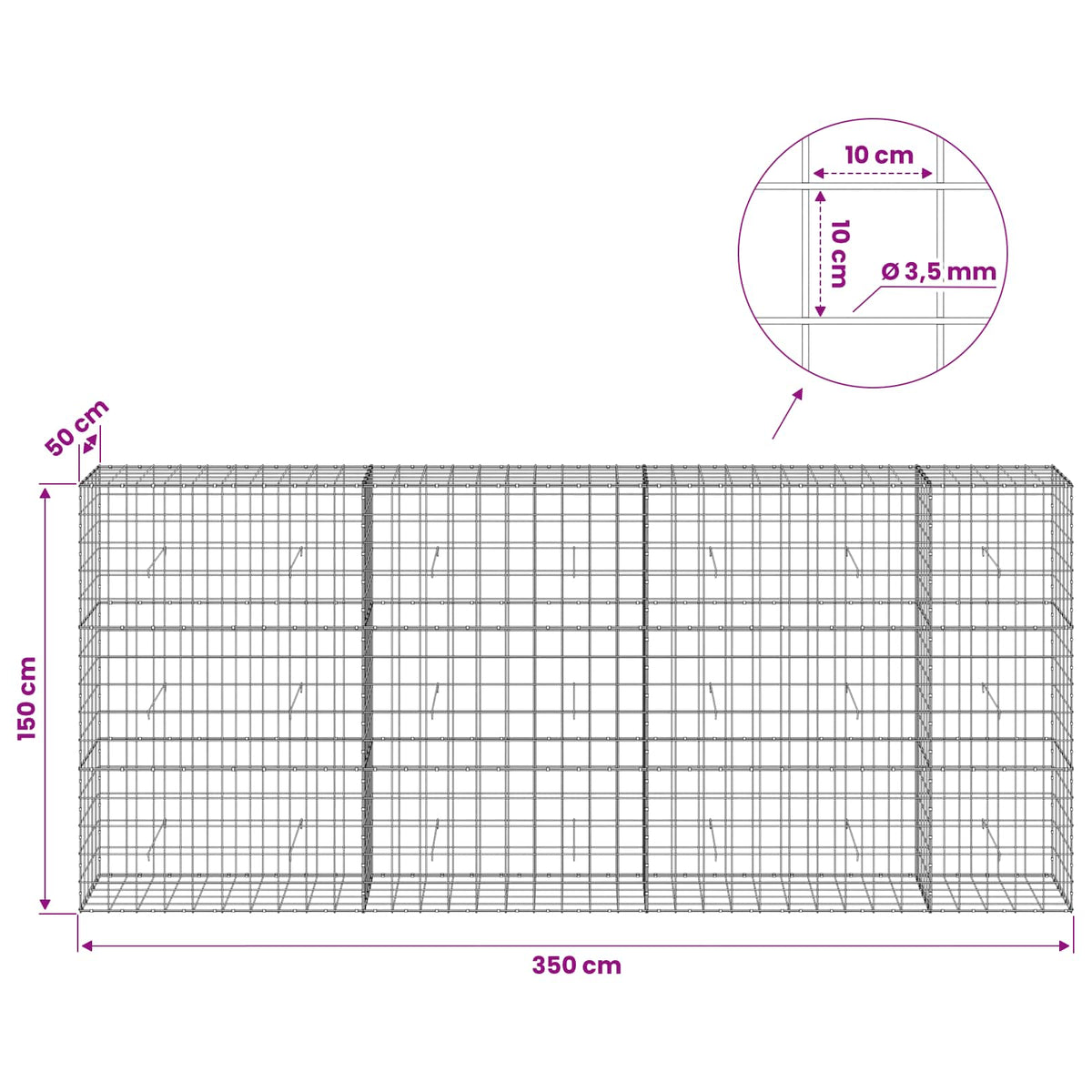 Γκαμπιόν με σύρμα 3,5 mm και πλέγμα 10x10 cm 350x50x150 εκ