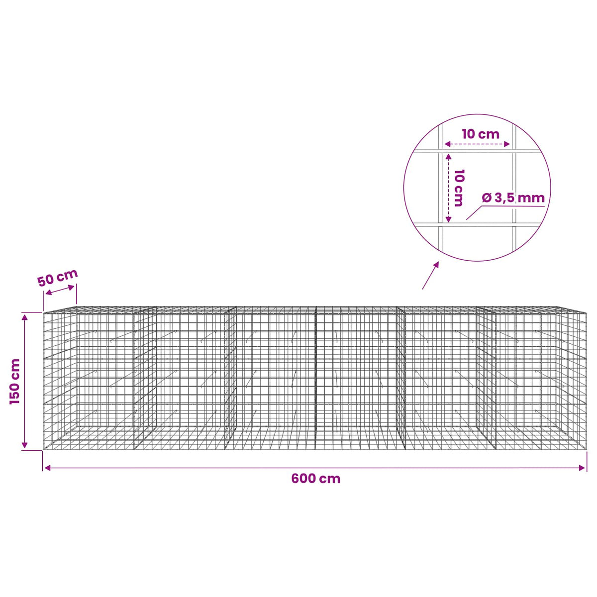 Γκαμπιόν με σύρμα 3,5 mm και πλέγμα 10x10 cm 600x50x150 εκ - Pakobazaar