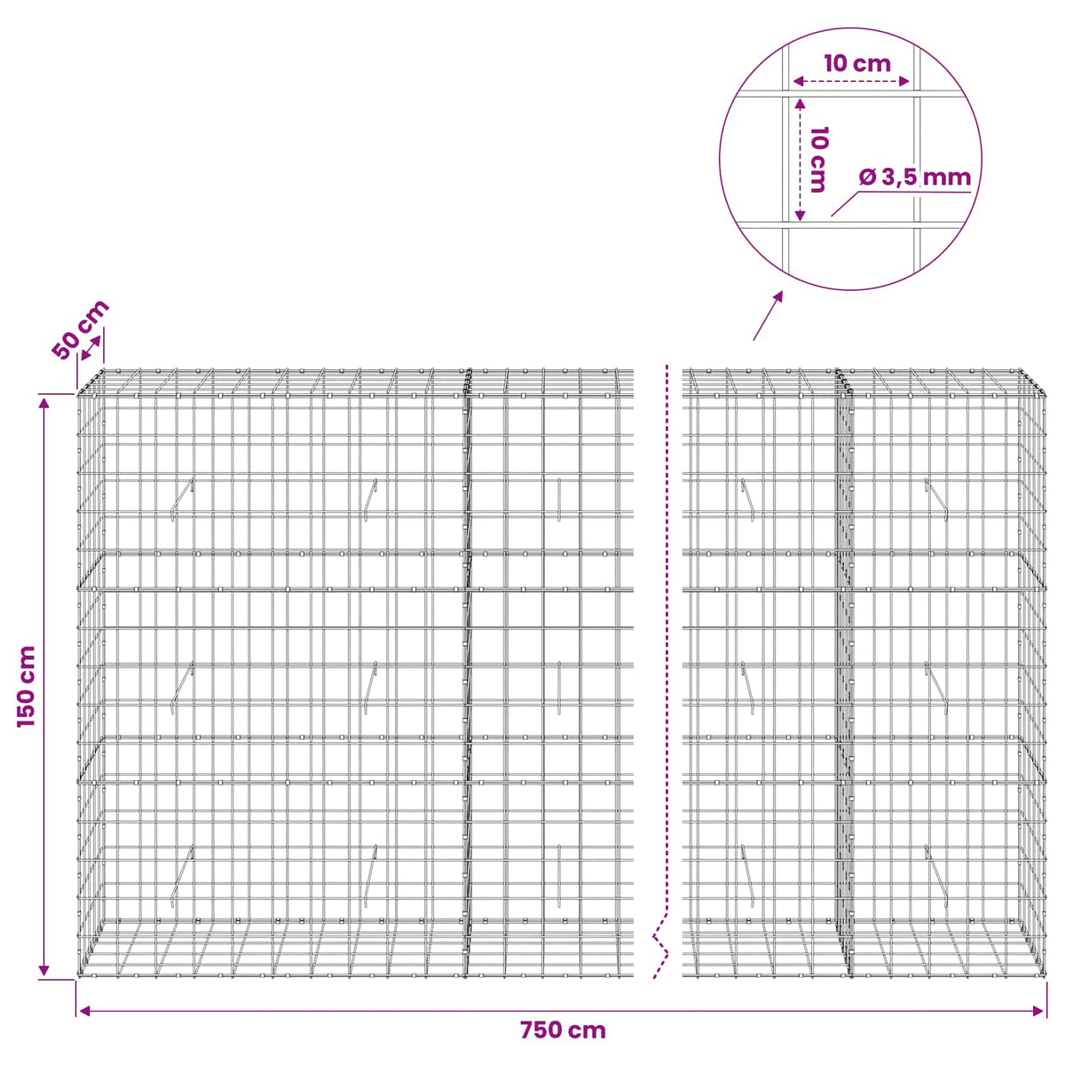 Γκαμπιόν με σύρμα 3,5 mm και πλέγμα 10x10 cm 750x50x150 εκ - Pakobazaar