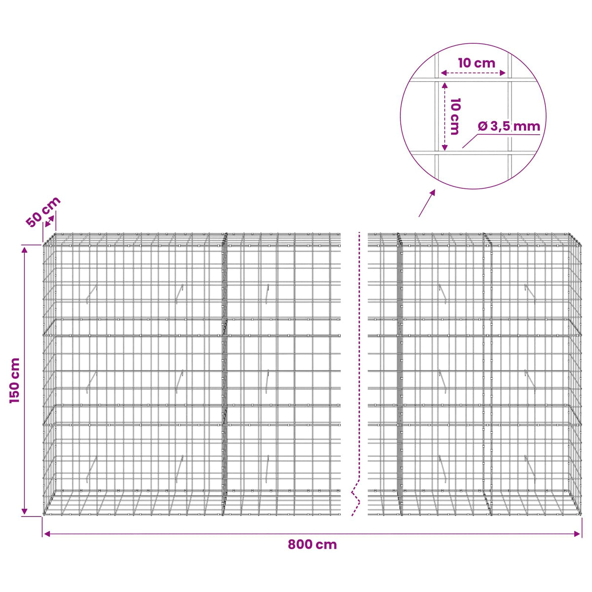 Γκαμπιόν με σύρμα 3,5 mm και πλέγμα 10x10 cm 800x50x150 εκ. - Pakobazaar