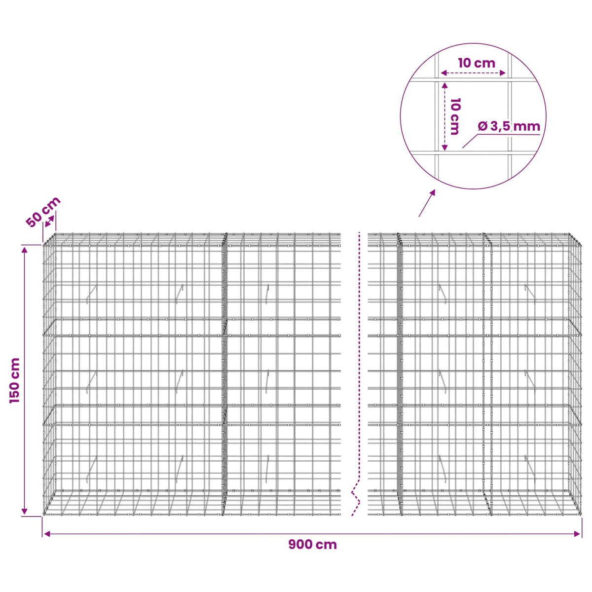 Γκαμπιόν με σύρμα 3,5 mm και πλέγμα 10x10 cm 900x50x150 εκ
