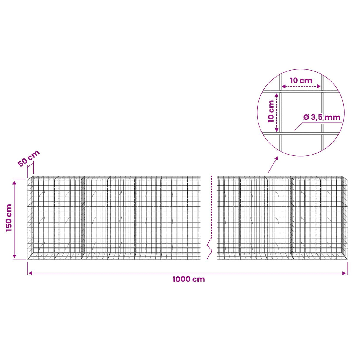 Γκαμπιόν με σύρμα 3,5 mm και πλέγμα 10x10 cm 1000x50x150 εκ - Pakobazaar