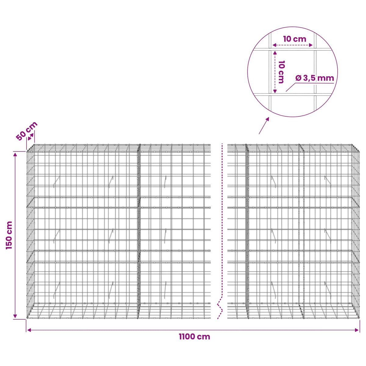 Γκαμπιόν με σύρμα 3,5 mm και πλέγμα 10x10 cm 1100x50x150 εκ