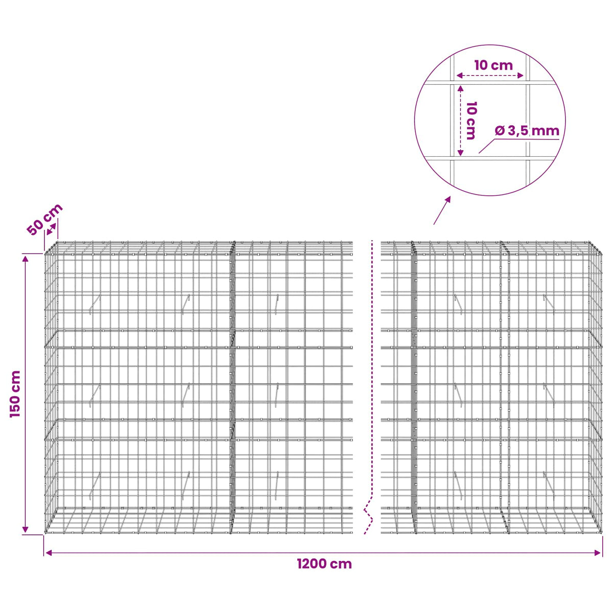 Γκαμπιόν με σύρμα 3,5 mm και πλέγμα 10x10 cm 1200x50x150 εκ. - Pakobazaar