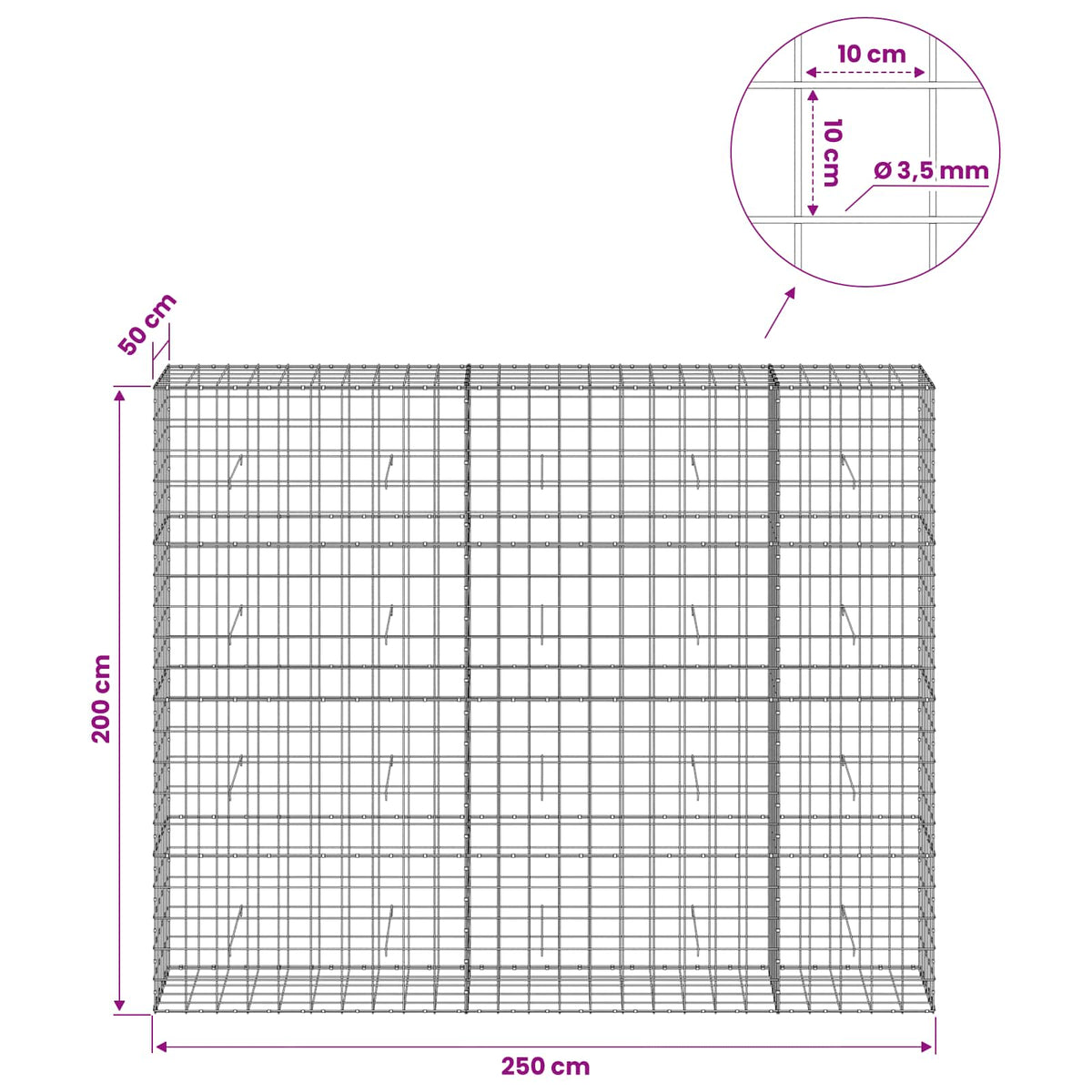 Γκαμπιόν με σύρμα 3,5 mm και πλέγμα 10x10 cm 250x50x200 εκ. - Pakobazaar
