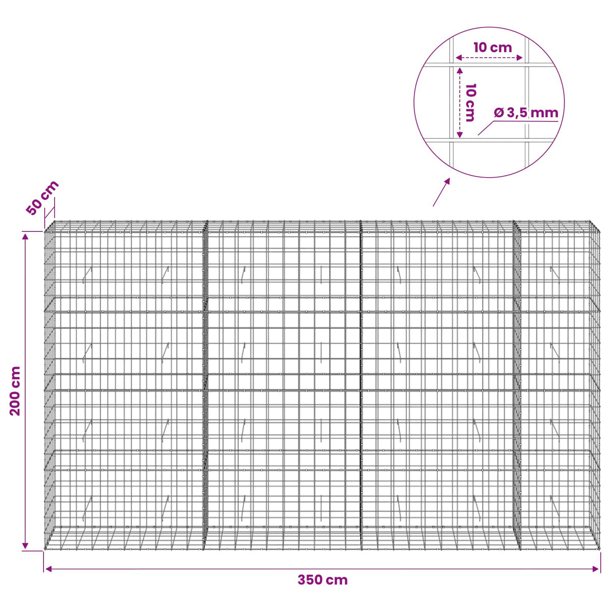 Γκαμπιόν με σύρμα 3,5 mm και πλέγμα 10x10 cm 350x50x200 εκ - Pakobazaar