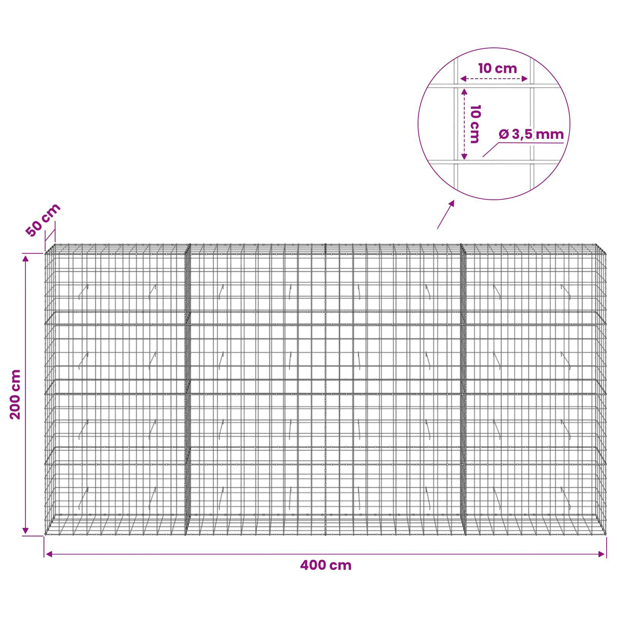 Γκαμπιόν με σύρμα 3,5 mm και πλέγμα 10x10 cm 400x50x200 εκ - Pakobazaar