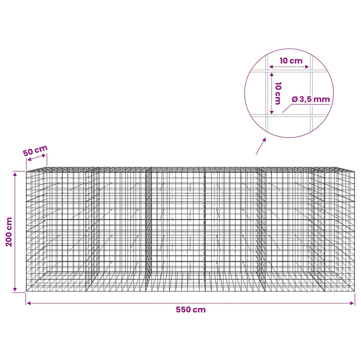 Γκαμπιόν με σύρμα 3,5 mm και πλέγμα 10x10 cm 550x50x200 εκ. - Pakobazaar