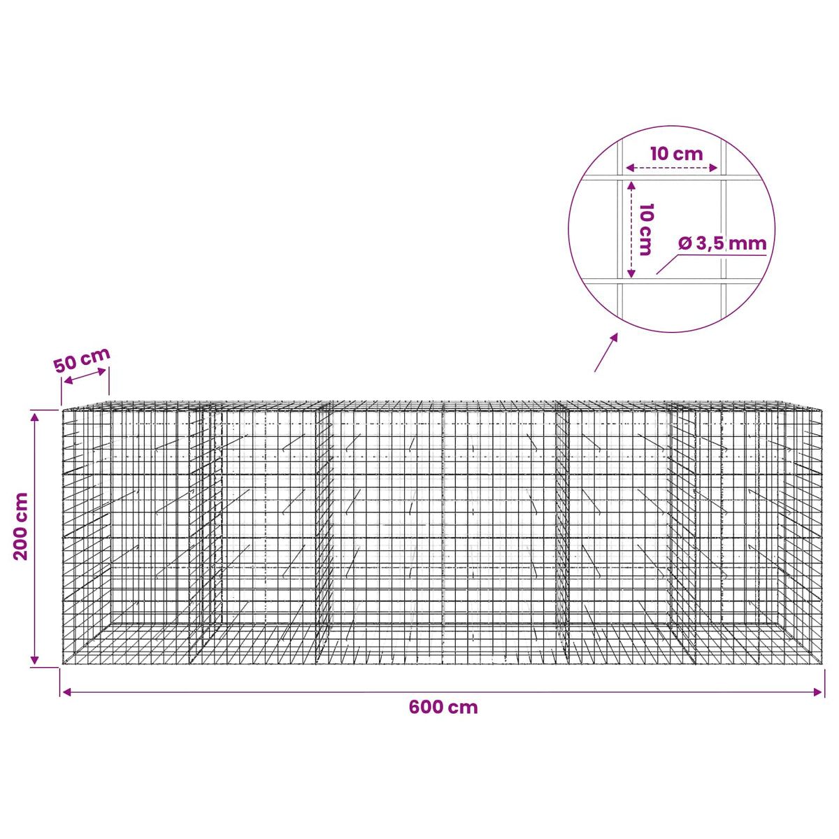 Γκαμπιόν με σύρμα 3,5 mm και πλέγμα 10x10 cm 600x50x200 εκ