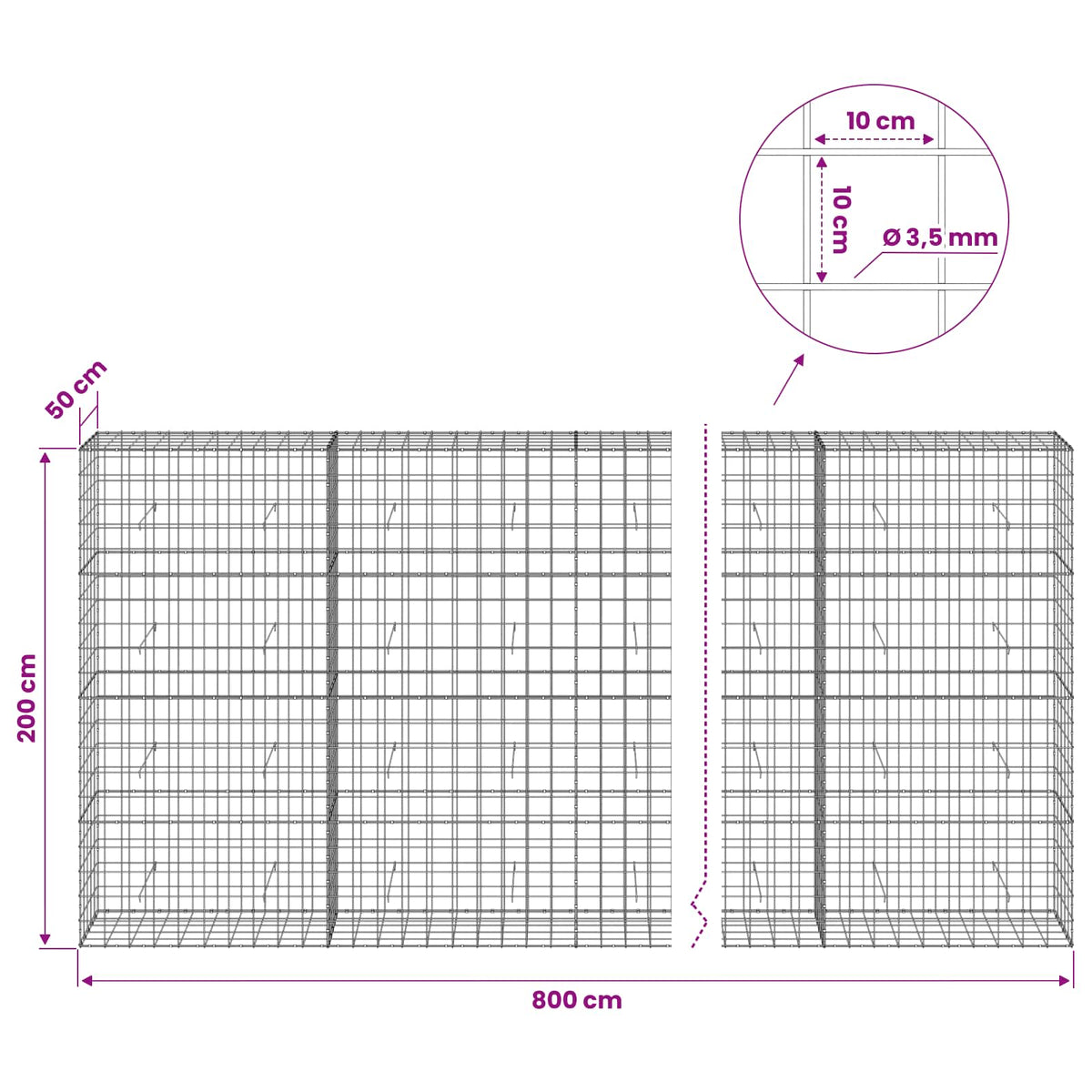 Γκαμπιόν με σύρμα 3,5 mm και πλέγμα 10x10 cm 800x50x200 εκ - Pakobazaar