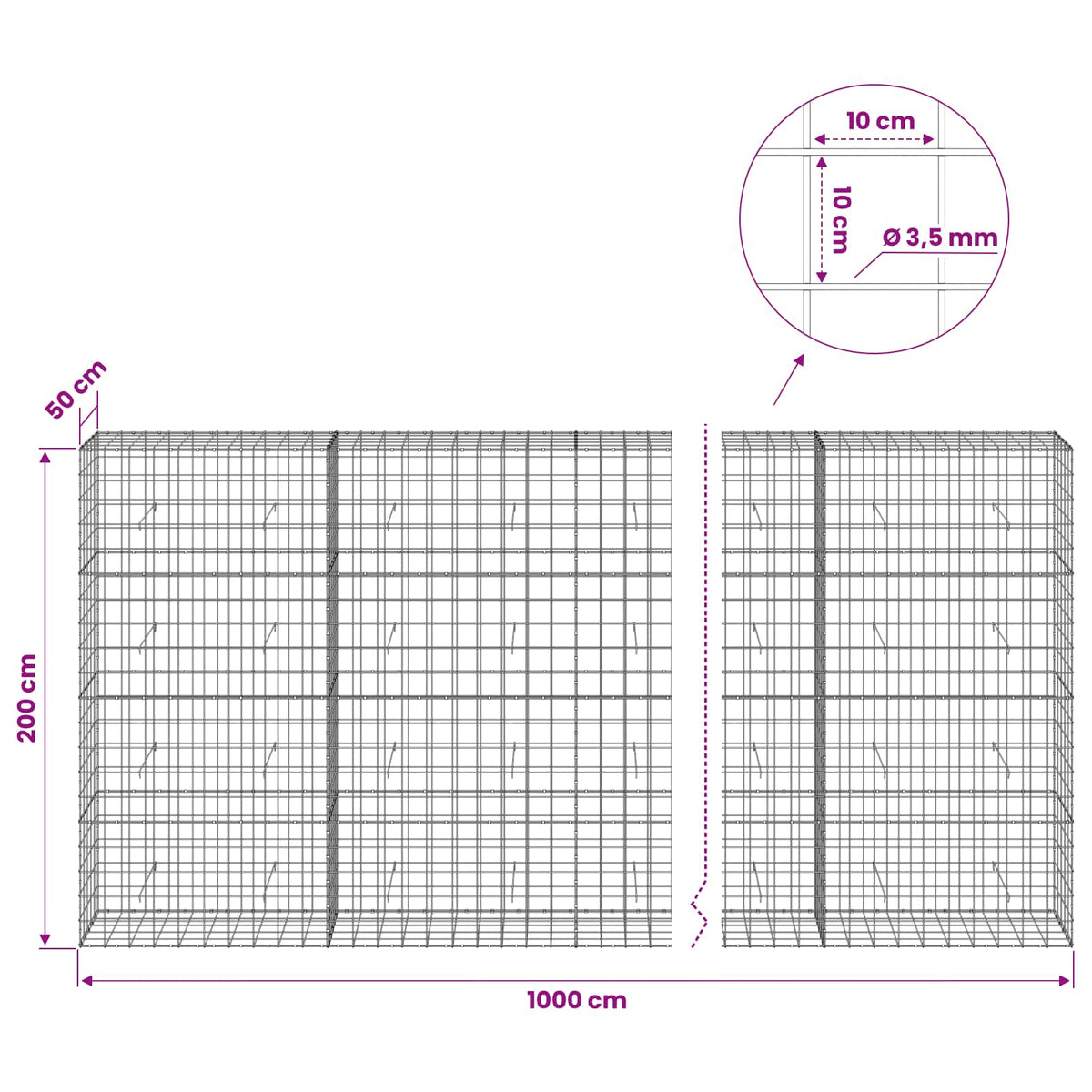 Γκαμπιόν με σύρμα 3,5 mm και πλέγμα 10x10 cm 1000x50x200 εκ - Pakobazaar