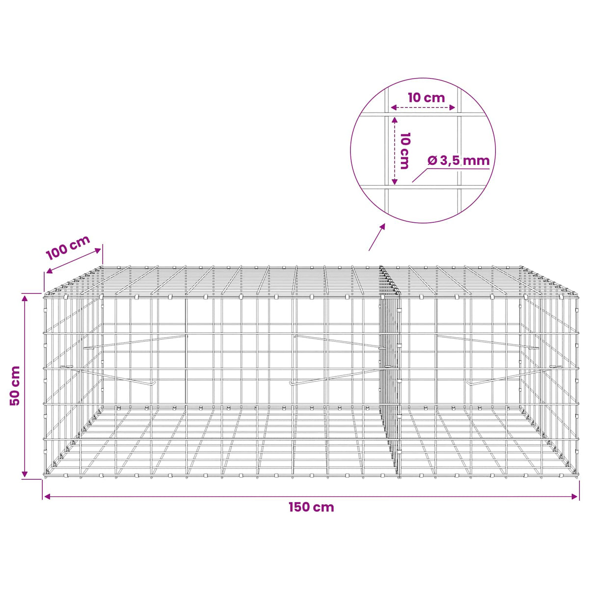 Γκαμπιόν με σύρμα 3,5 mm και πλέγμα 10x10 cm 150x100x50 εκ - Pakobazaar
