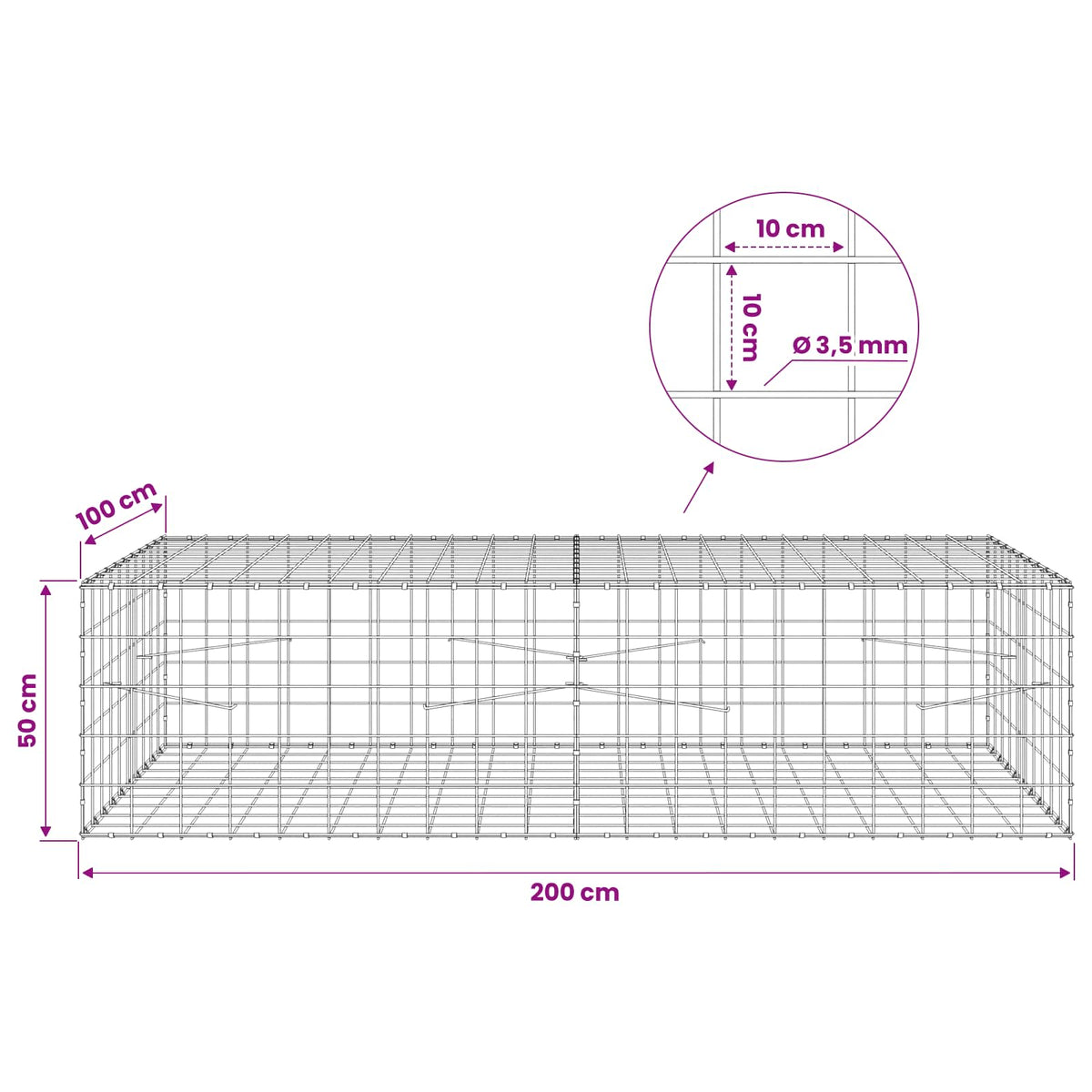 Γκαμπιόν με σύρμα 3,5 mm και πλέγμα 10x10 cm 200x100x50 εκ - Pakobazaar