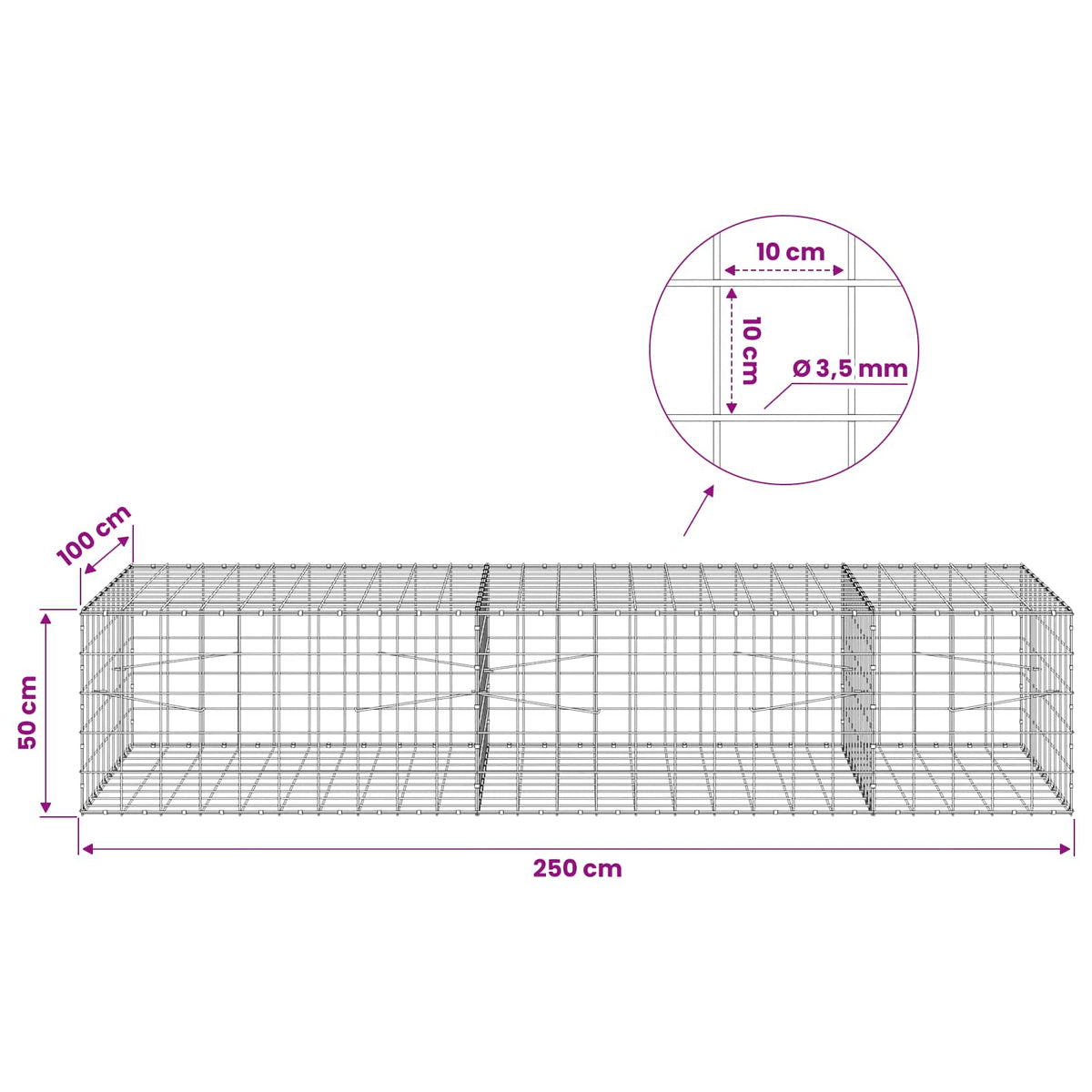Γκαμπιόν με σύρμα 3,5 mm και πλέγμα 10x10 cm 250x100x50 εκ. - Pakobazaar