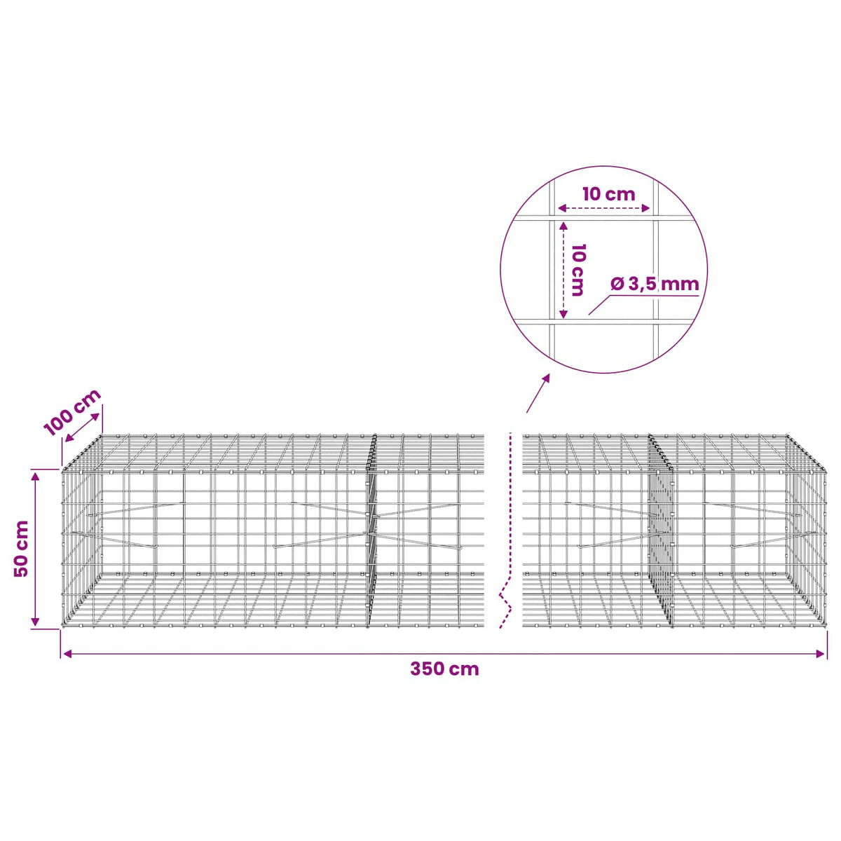 Γκαμπιόν με σύρμα 3,5 mm και πλέγμα 10x10 cm 350x100x50 εκ. - Pakobazaar