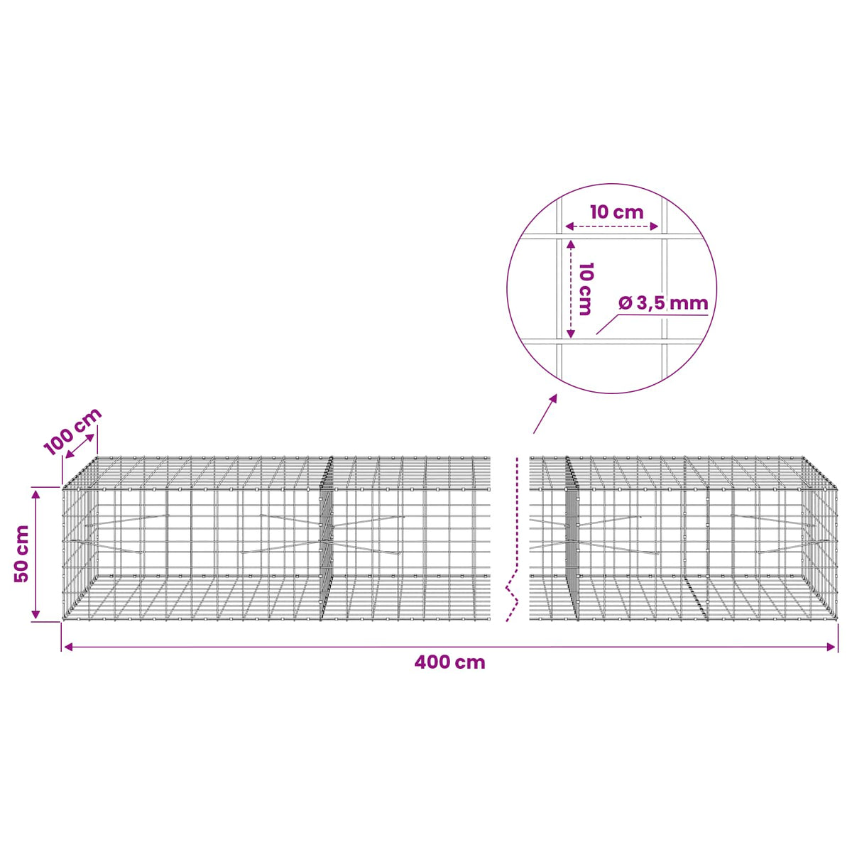 Γκαμπιόν με σύρμα 3,5 mm και πλέγμα 10x10 cm 400x100x50 εκ. - Pakobazaar