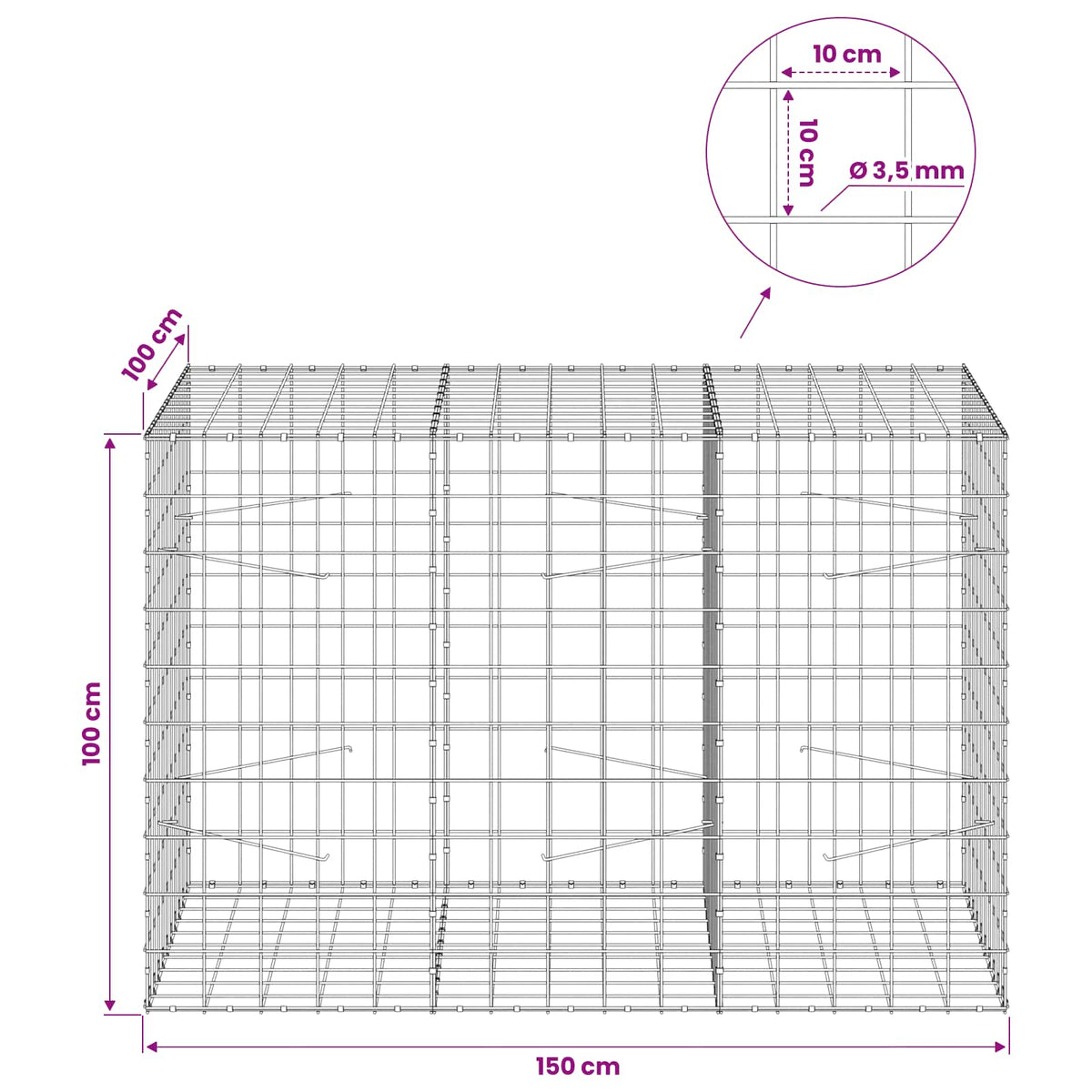 Γκαμπιόν με σύρμα 3,5 mm και πλέγμα 10x10 cm 150x100x100 εκ. - Pakobazaar