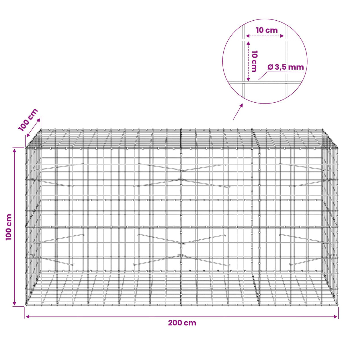 Γκαμπιόν με σύρμα 3,5 mm και πλέγμα 10x10 cm 200x100x100 εκ. - Pakobazaar