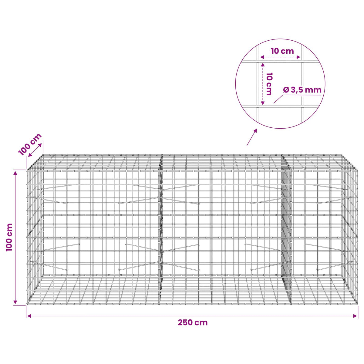 Γκαμπιόν με σύρμα 3,5 mm και πλέγμα 10x10 cm 250x100x100 εκ.