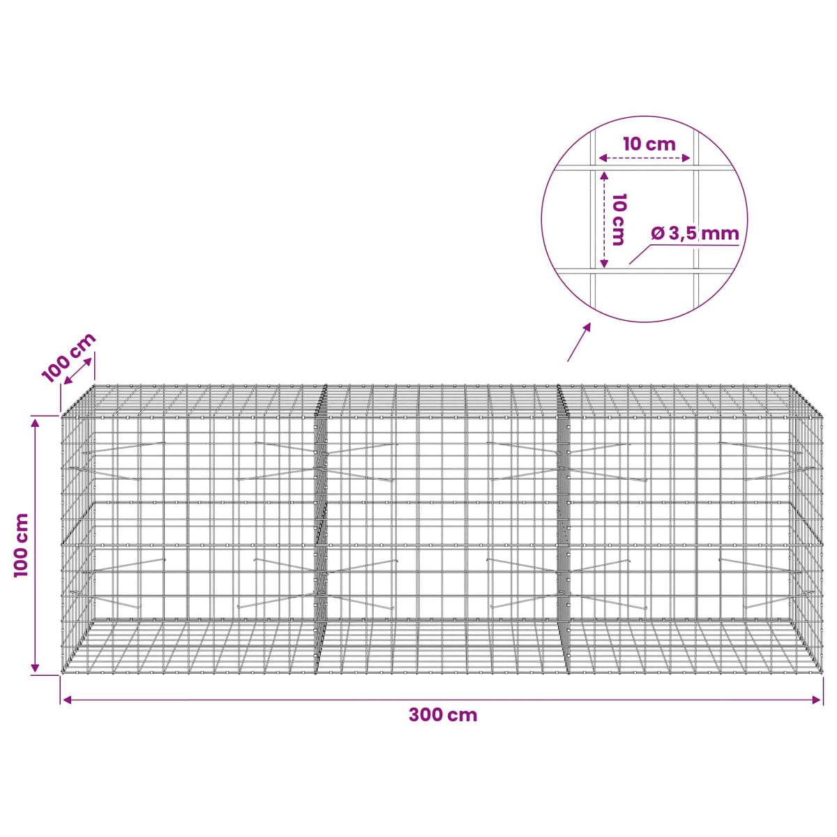 Γκαμπιόν με σύρμα 3,5 mm και πλέγμα 10x10 cm 300x100x100 εκ. - Pakobazaar
