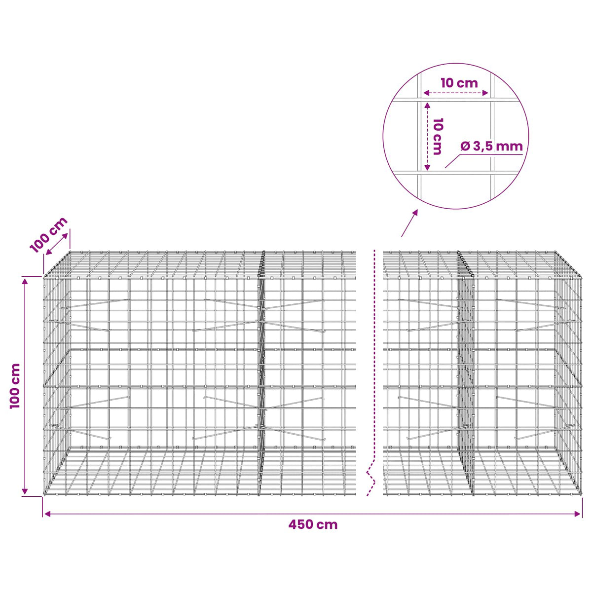 Γκαμπιόν με σύρμα 3,5 mm και πλέγμα 10x10 cm 450x100x100 εκ