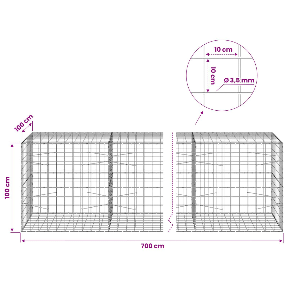 Γκαμπιόν με σύρμα 3,5 mm και πλέγμα 10x10 cm 700x100x100 εκ.