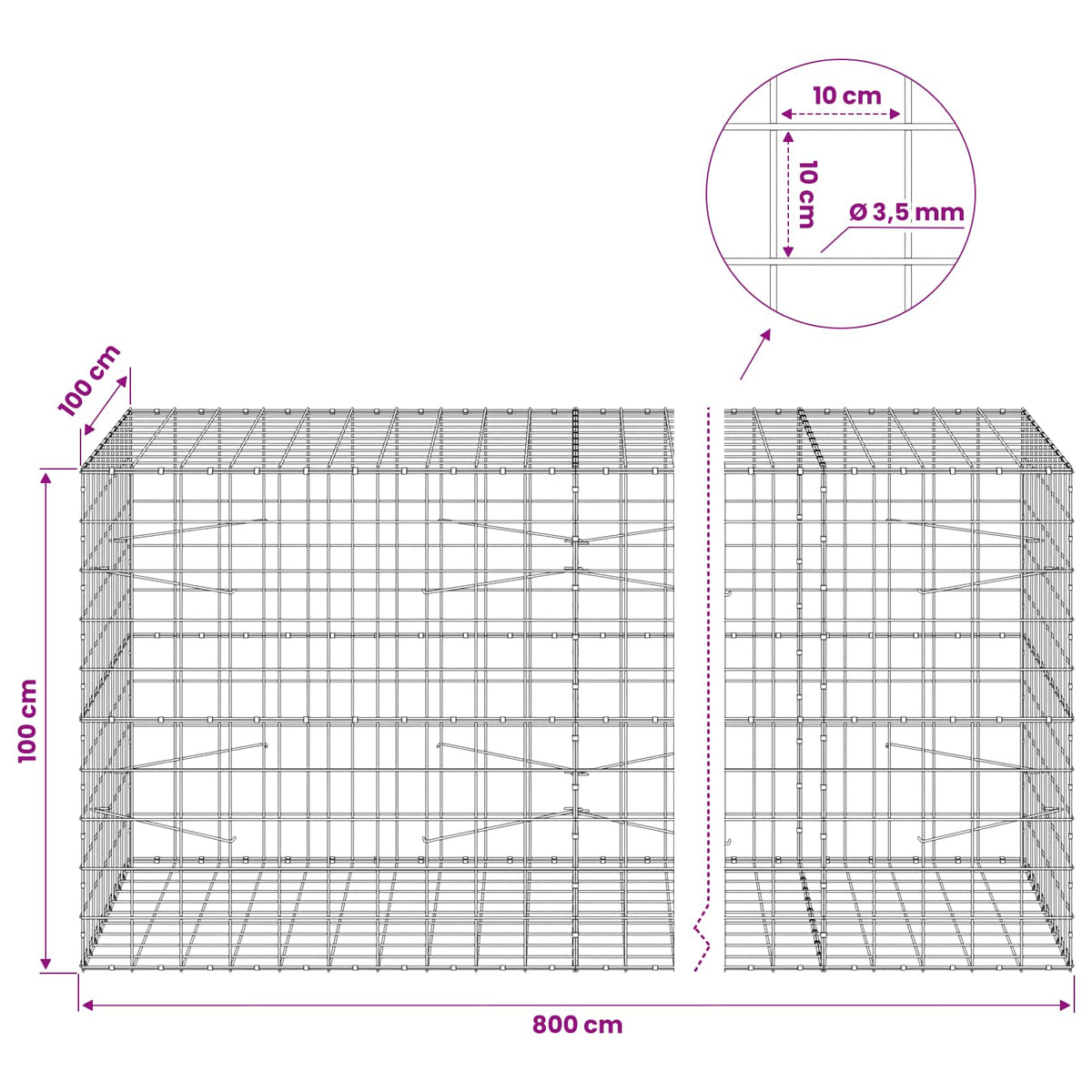 Γκαμπιόν με σύρμα 3,5 mm και πλέγμα 10x10 cm 800x100x100 εκ. - Pakobazaar