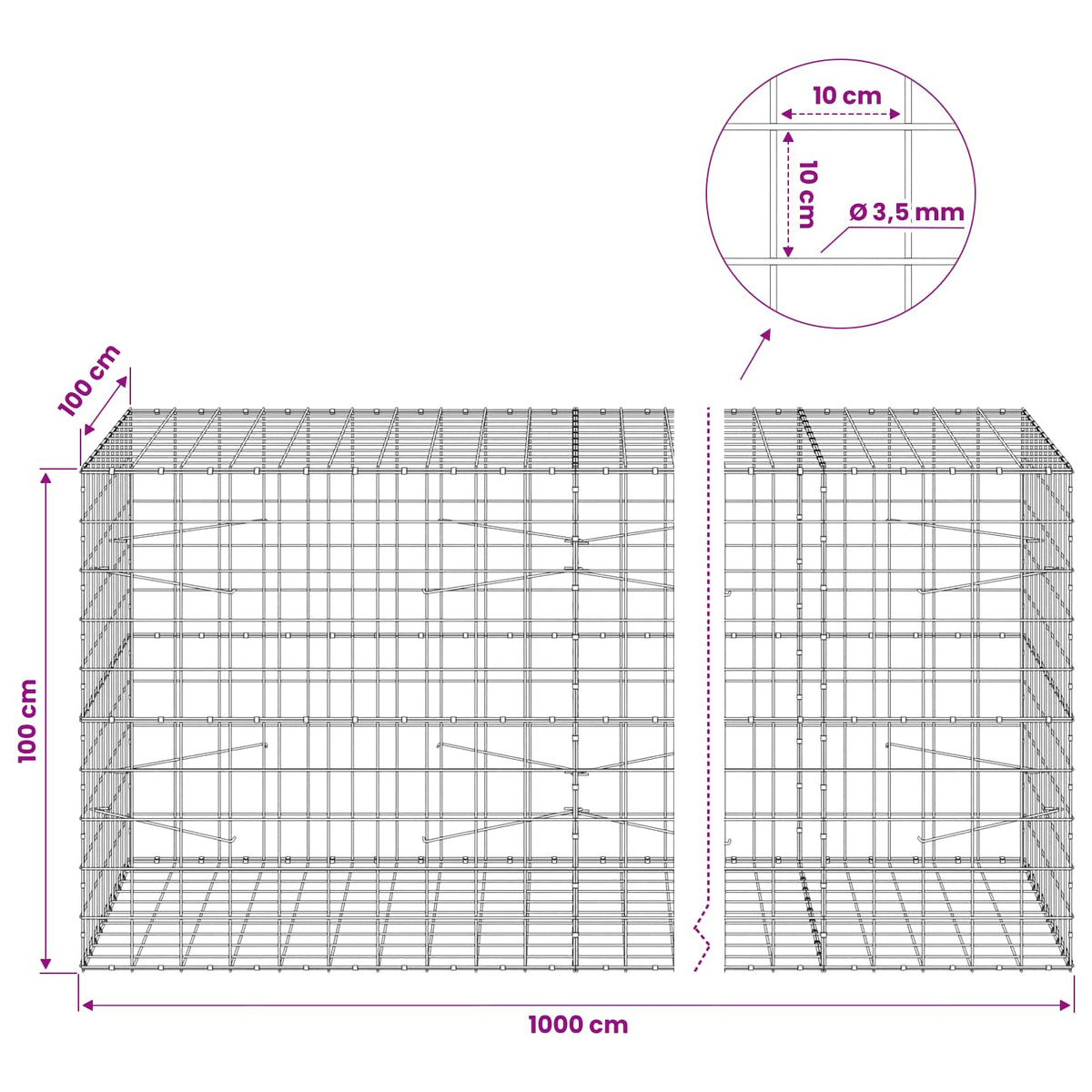 Γκαμπιόν με σύρμα 3,5 mm και πλέγμα 10x10 cm 1000x100x100 εκ. - Pakobazaar