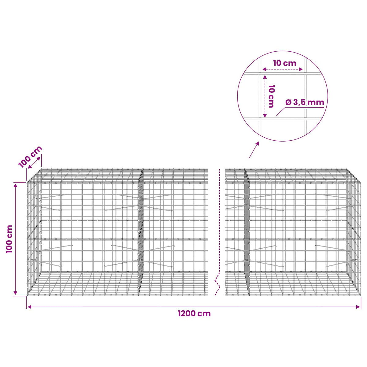 Γκαμπιόν με σύρμα 3,5 mm και πλέγμα 10x10 cm 1200x100x100 εκ - Pakobazaar