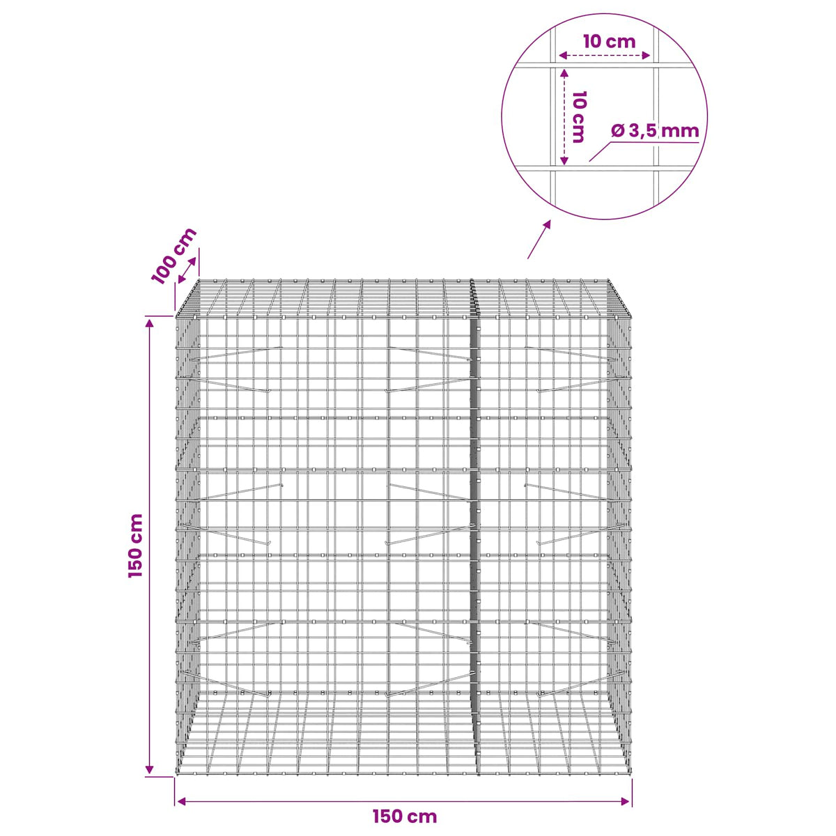 Γκαμπιόν με σύρμα 3,5 mm και πλέγμα 10x10 cm 150x100x150 εκ.