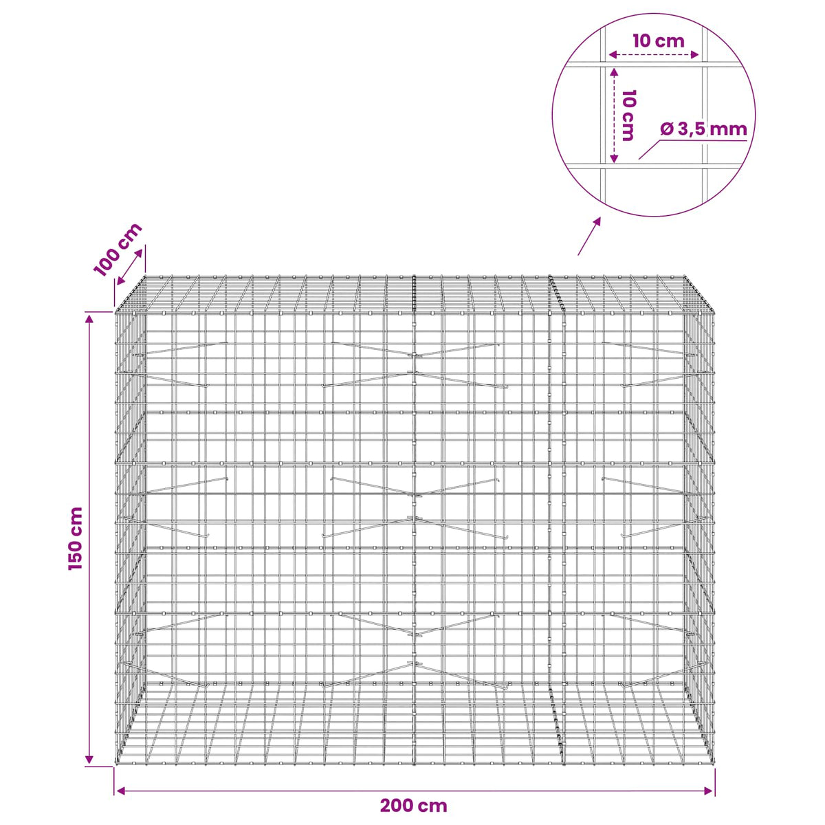 Γκαμπιόν με σύρμα 3,5 mm και πλέγμα 10x10 cm 200x100x150 εκ. - Pakobazaar