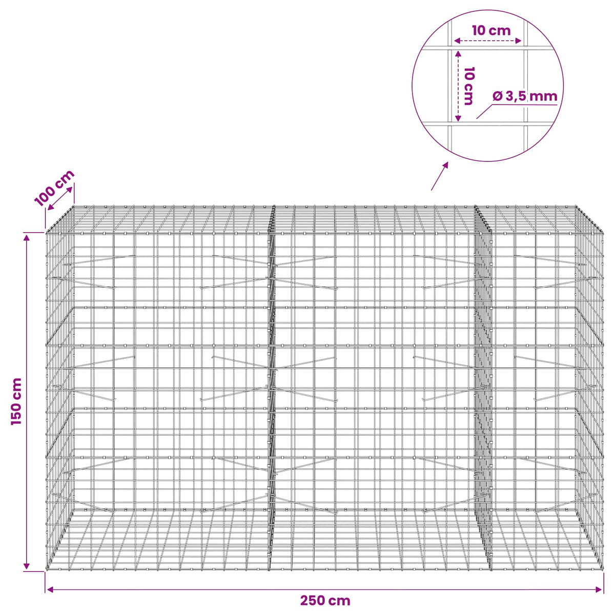 Γκαμπιόν με σύρμα 3,5 mm και πλέγμα 10x10 cm 250x100x150 εκ. - Pakobazaar