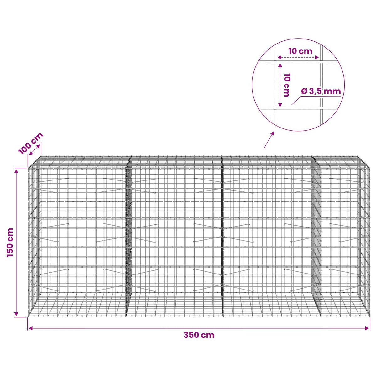 Γκαμπιόν με σύρμα 3,5 mm και πλέγμα 10x10 cm 350x100x150 εκ.